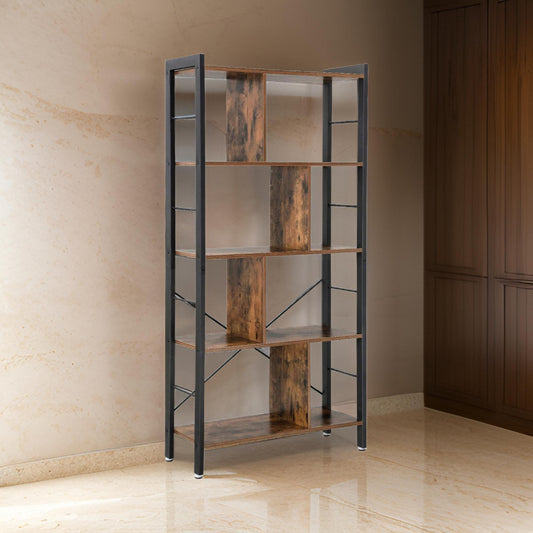 4 Tier Wood and Metal Bookcase with Crossbars, Brown and Black By Casagear Home