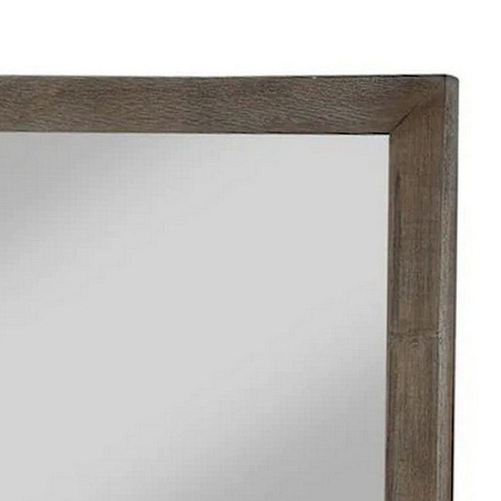 Mid Century Style Wooden Frame Mirror with Rough Hewn Saw Details, Brown