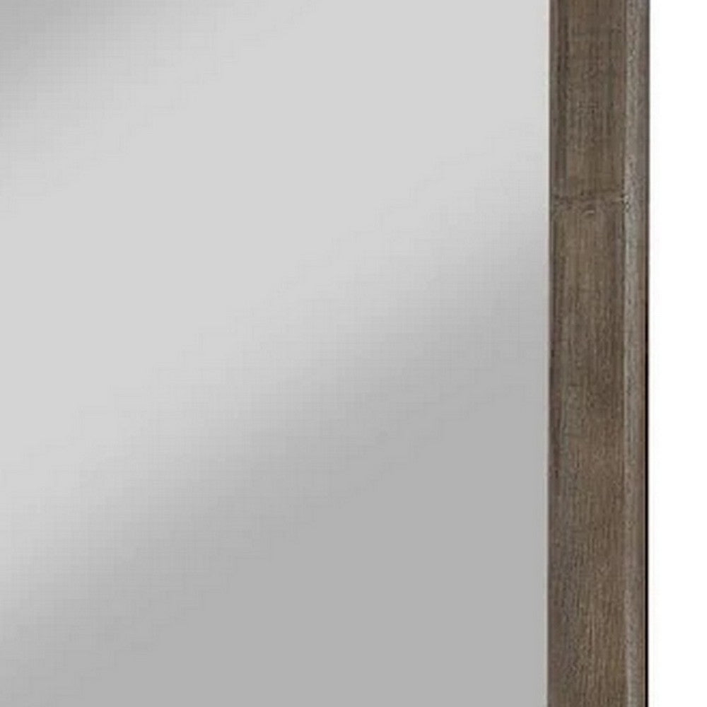Mid Century Style Wooden Frame Mirror with Rough Hewn Saw Details, Brown