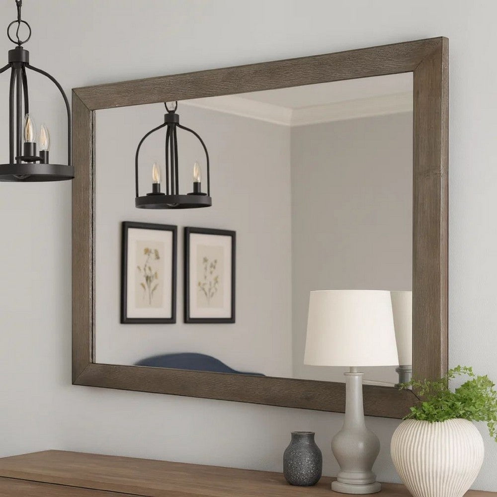 Mid Century Style Wooden Frame Mirror with Rough Hewn Saw Details, Brown