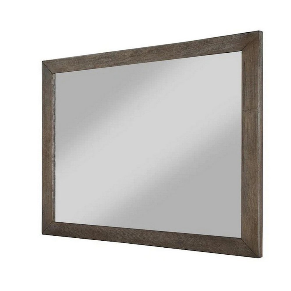 Mid Century Style Wooden Frame Mirror with Rough Hewn Saw Details, Brown