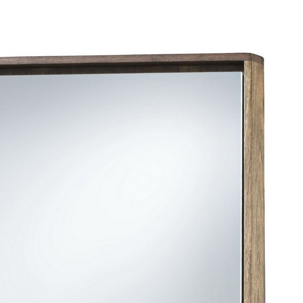 Rectangular Wooden Frame Incased Mirror with Raised Edges, Natural Brown