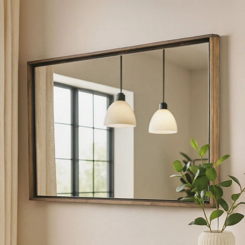 Rectangular Wooden Frame Incased Mirror with Raised Edges, Natural Brown
