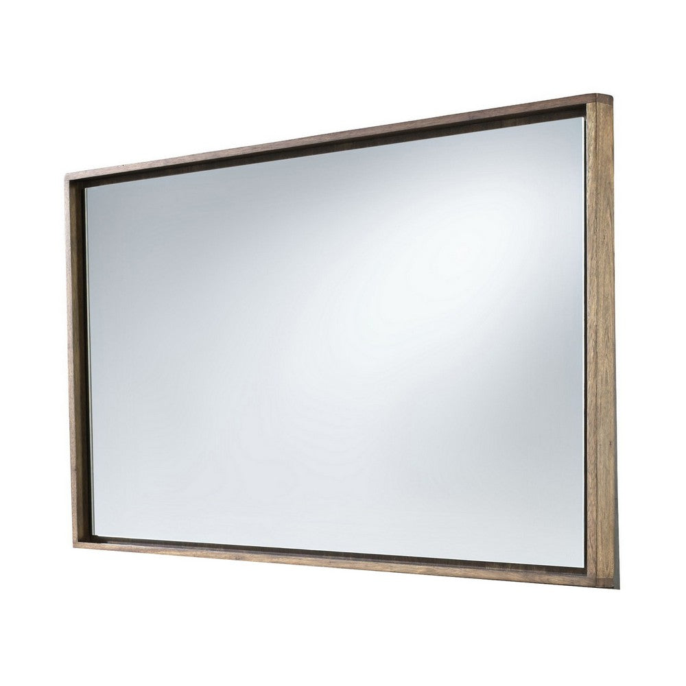 Rectangular Wooden Frame Incased Mirror with Raised Edges, Natural Brown