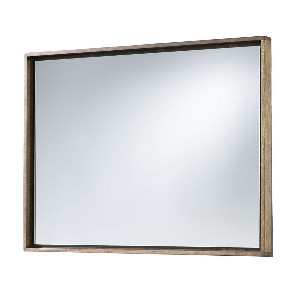 Rectangular Wooden Frame Incased Mirror with Raised Edges, Natural Brown