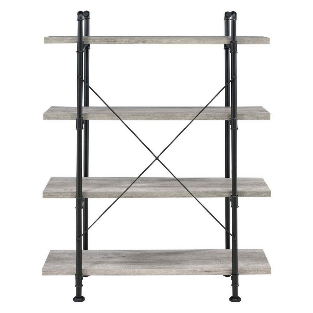 56 Inch 4 Tier Metal and Wooden Bookcase, Black and Gray By Casagear Home