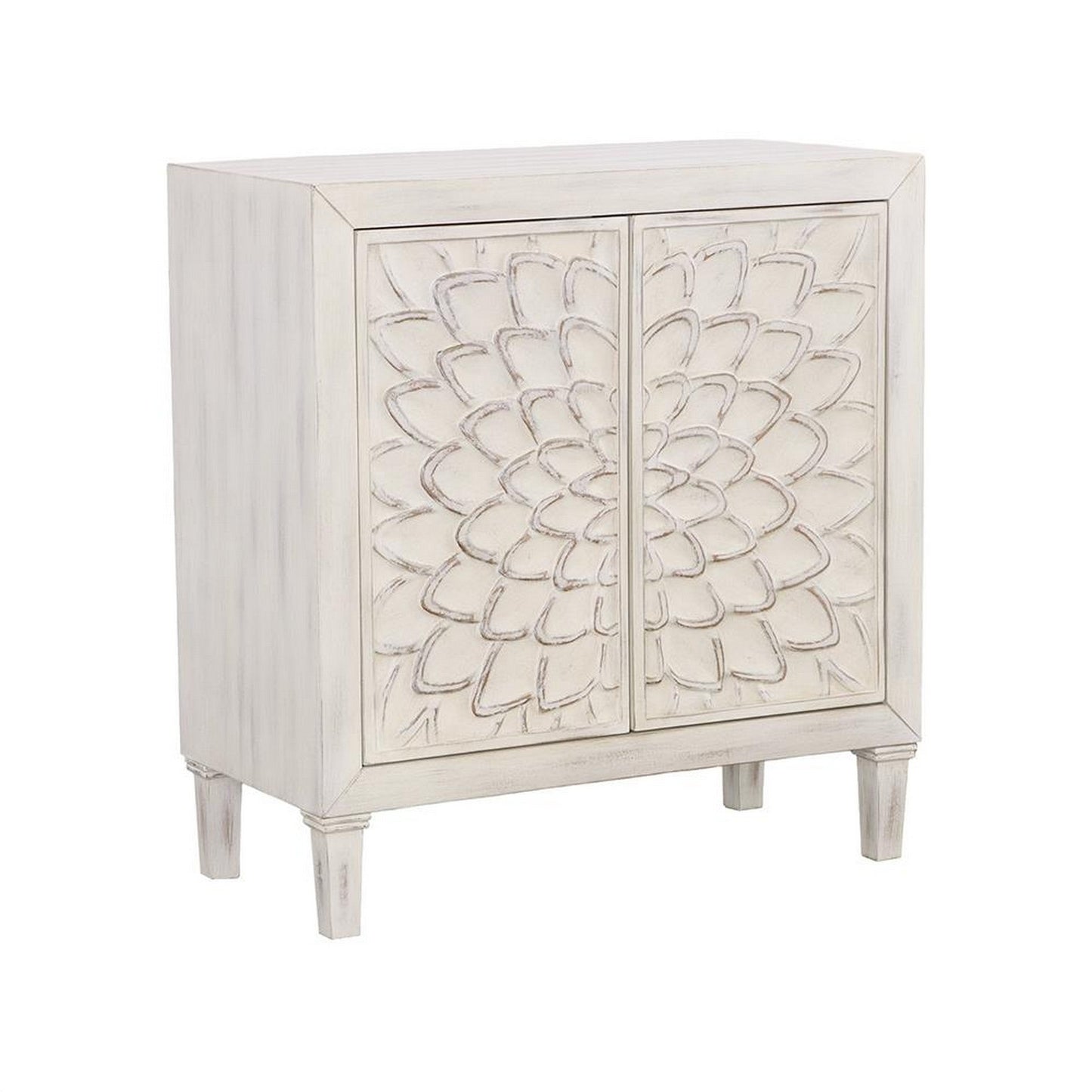 2 Door Wooden Accent Cabinet with Floral Carving Distressed Whitewash By Casagear Home BM233234