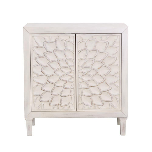 Accent Cabinet | Wood | 2 Doors | Floral Carving | Distressed Whitewash