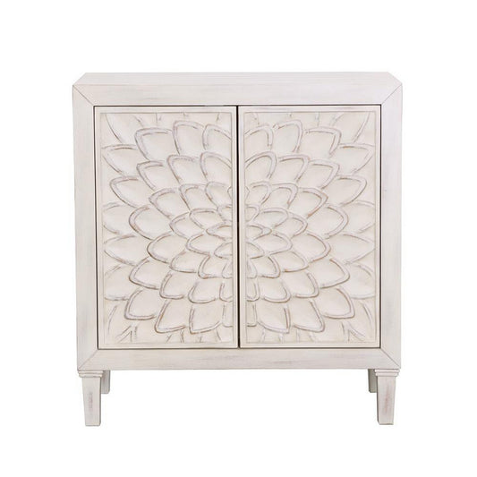 Accent Cabinet | Wood | 2 Doors | Floral Carving | Distressed Whitewash