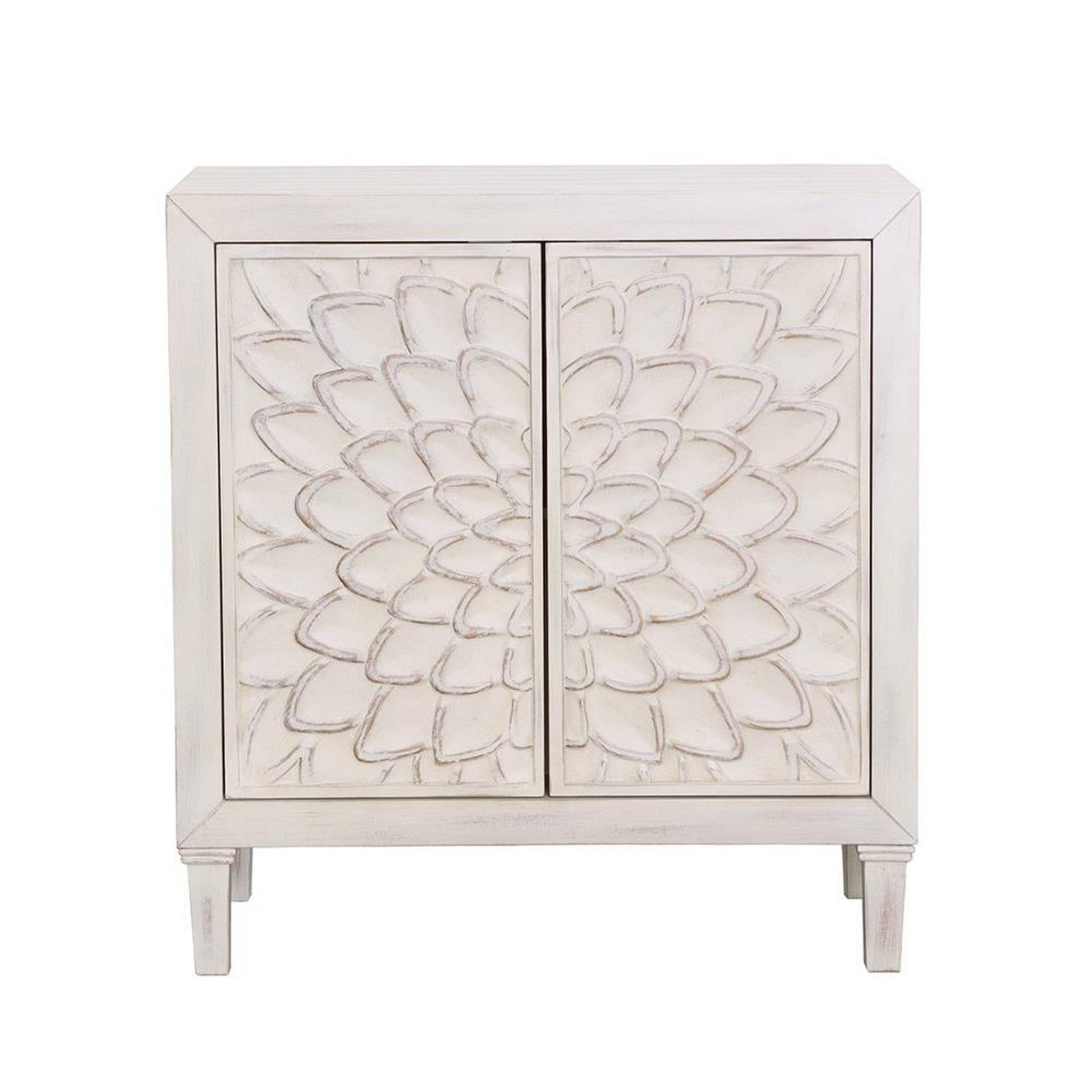 2 Door Wooden Accent Cabinet with Floral Carving, Distressed Whitewash By Casagear Home