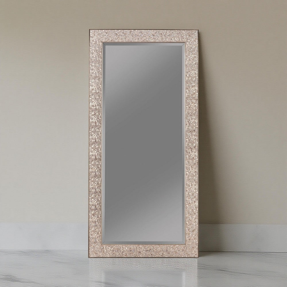 Floor Mirror | Rectangular Beveled Accent | Glitter Mosaic Pattern | Silver