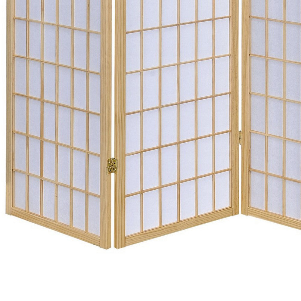 Room Divider | 3 Panel Foldable | Wood Frame | Grid Design | Brown