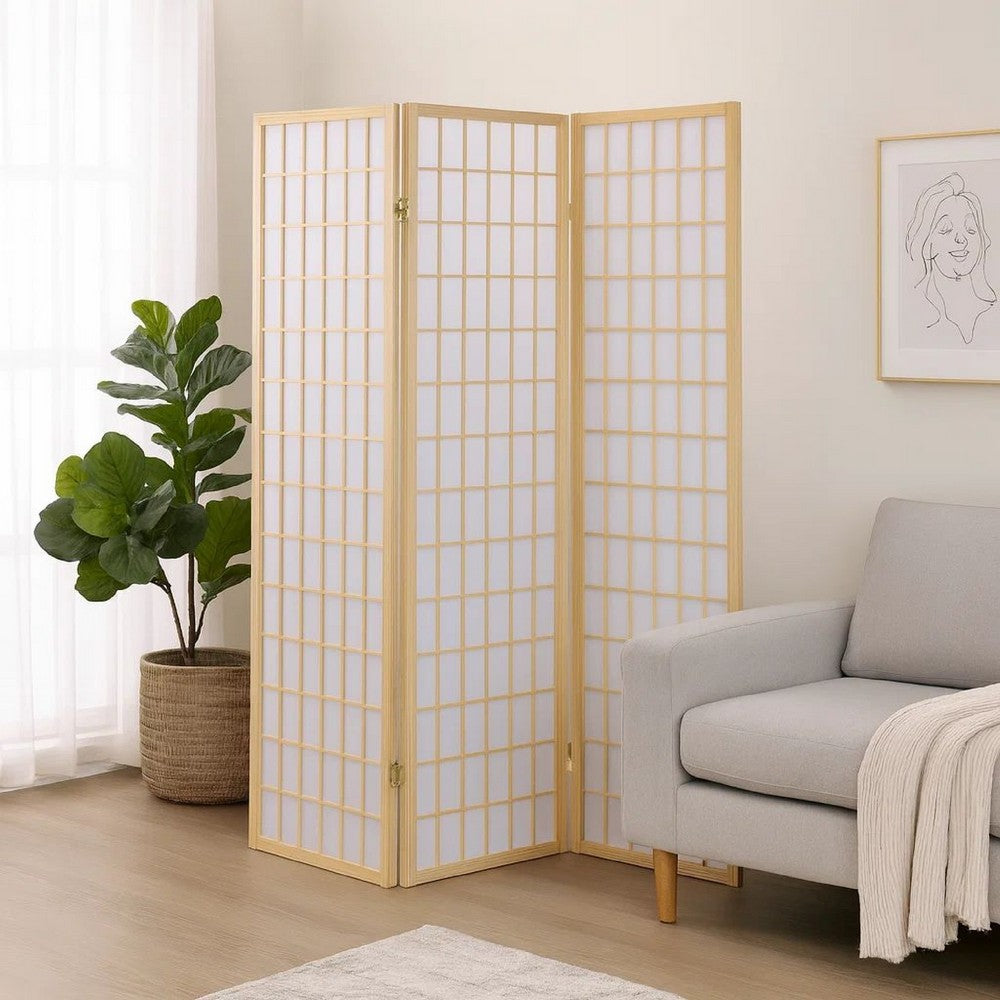 Room Divider | 3 Panel Foldable | Wood Frame | Grid Design | Brown
