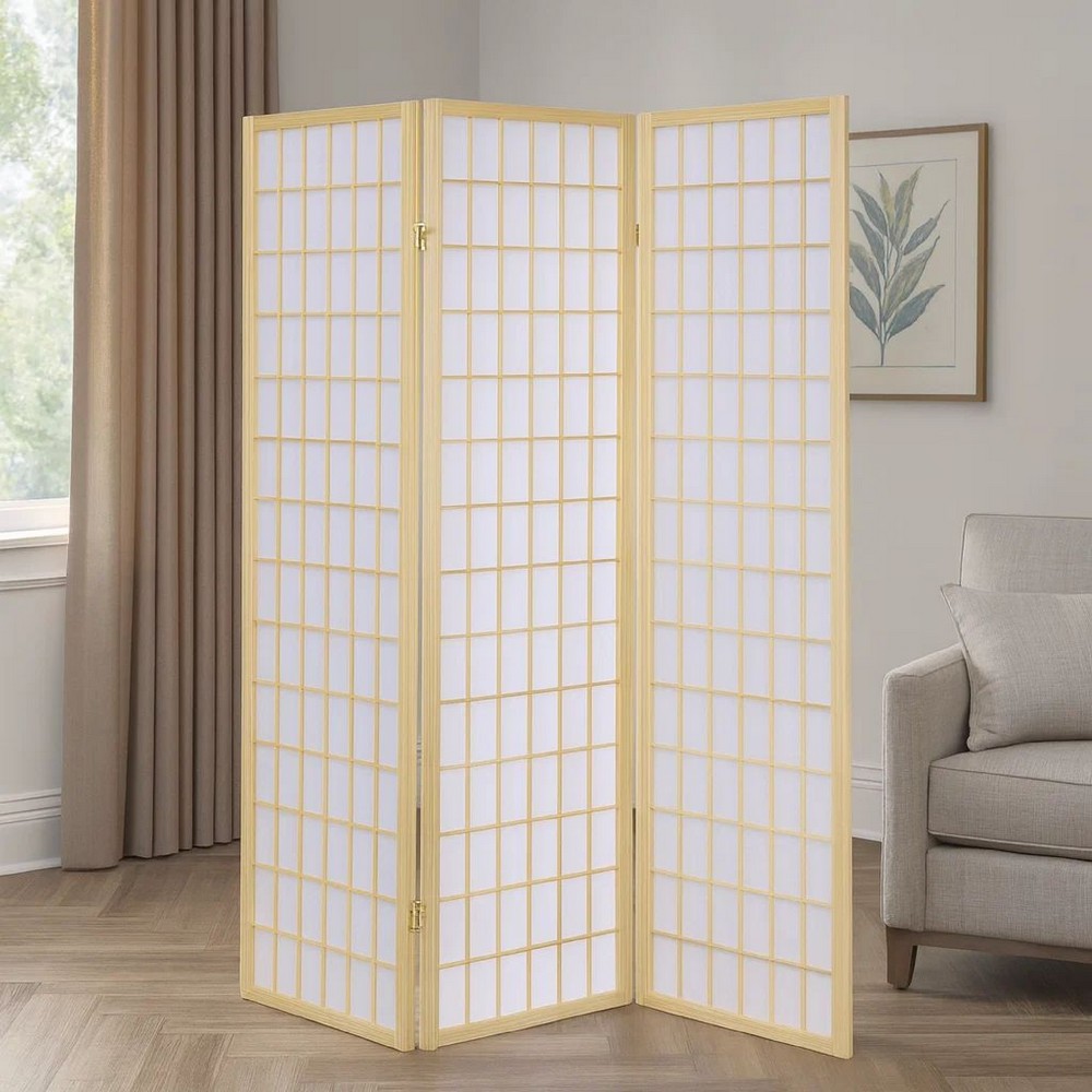 Room Divider | 3 Panel Foldable | Wood Frame | Grid Design | Brown
