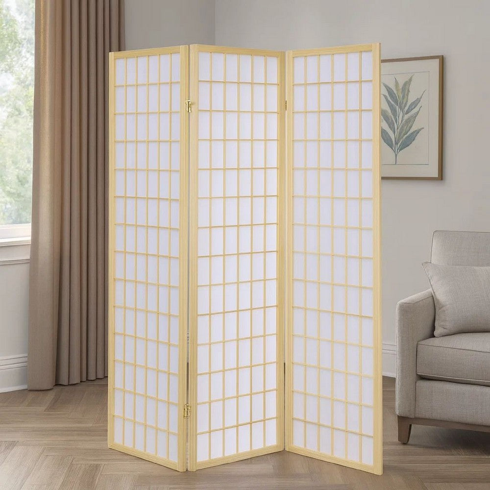 Room Divider | 3 Panel Foldable | Wood Frame | Grid Design | Brown