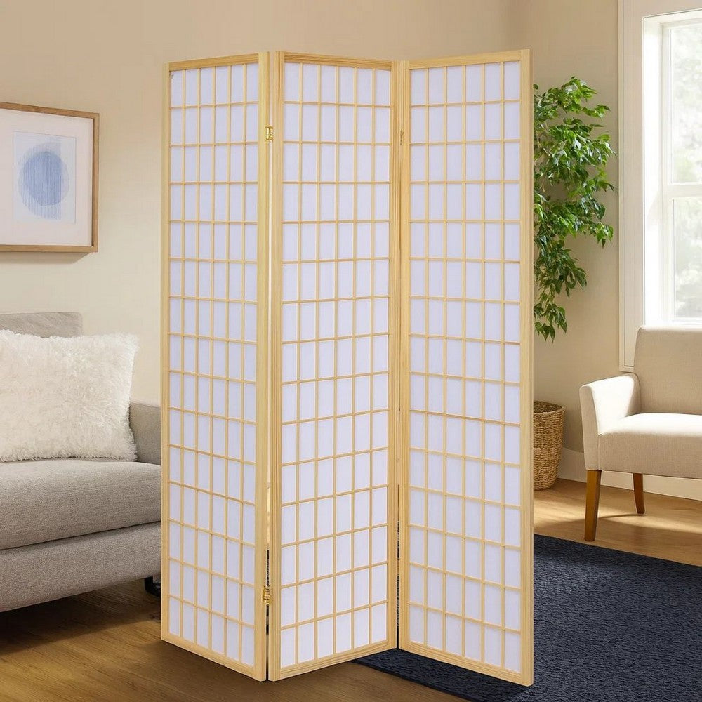 Room Divider | 3 Panel Foldable | Wood Frame | Grid Design | Brown