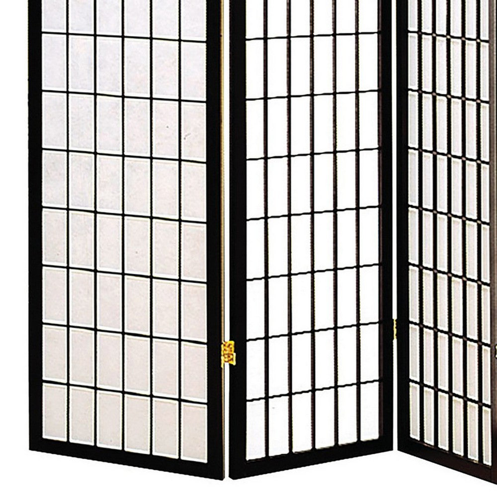Room Divider | 4 Panel Foldable | Wood Frame | Grid Design | Black