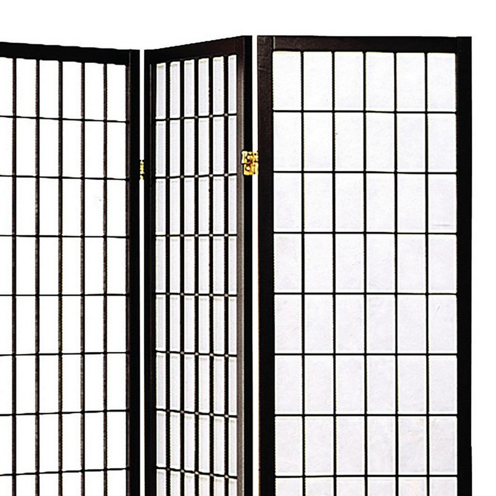Room Divider | 4 Panel Foldable | Wood Frame | Grid Design | Black