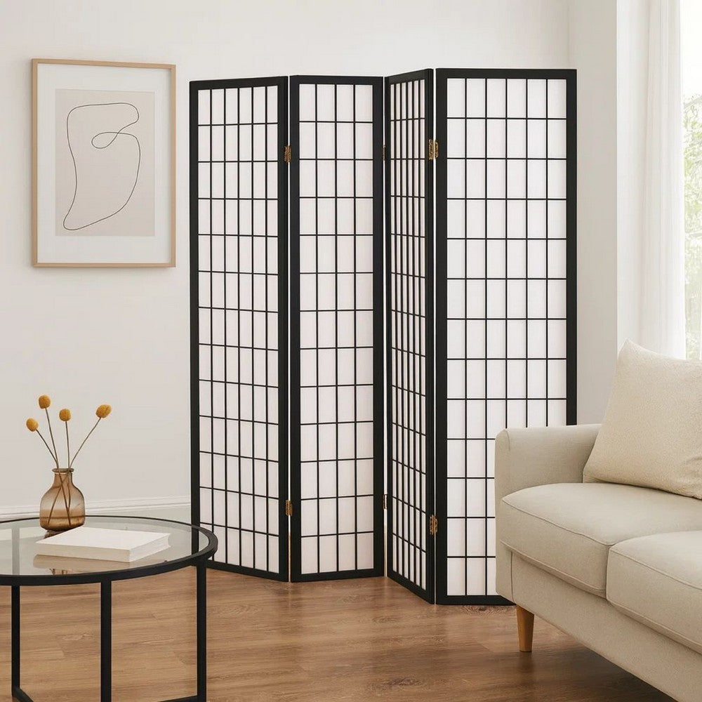 Room Divider | 4 Panel Foldable | Wood Frame | Grid Design | Black