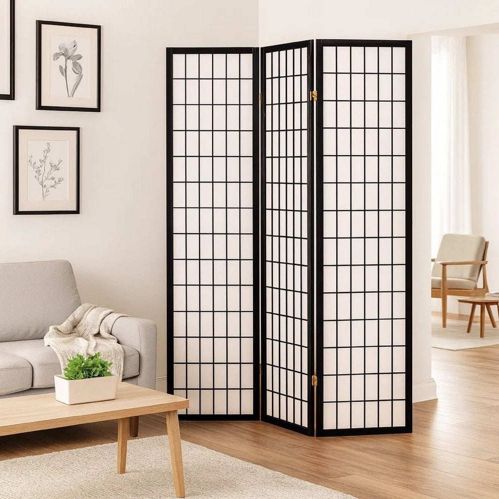 Room Divider | 4 Panel Foldable | Wood Frame | Grid Design | Black