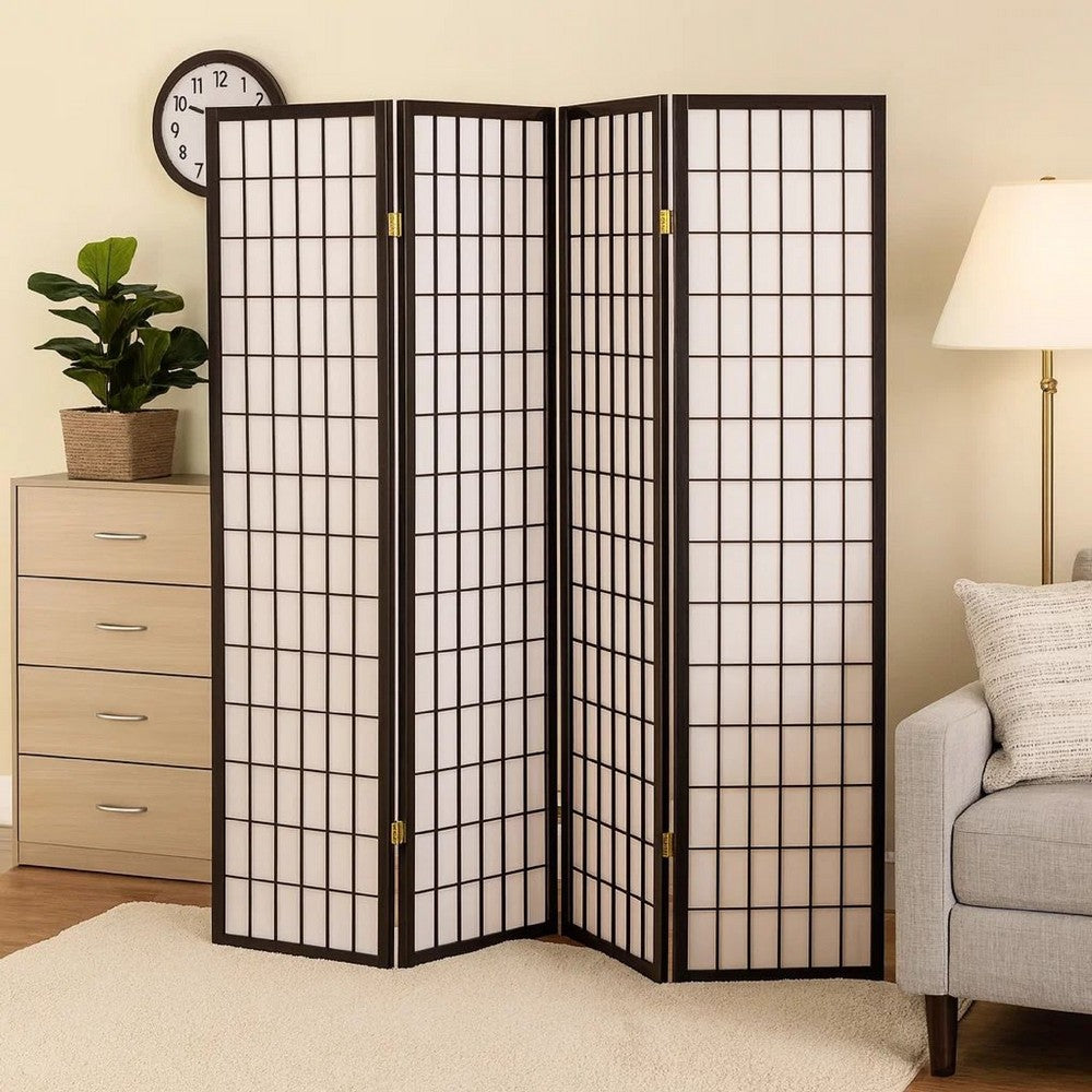 Room Divider | 4 Panel Foldable | Wood Frame | Grid Design | Black