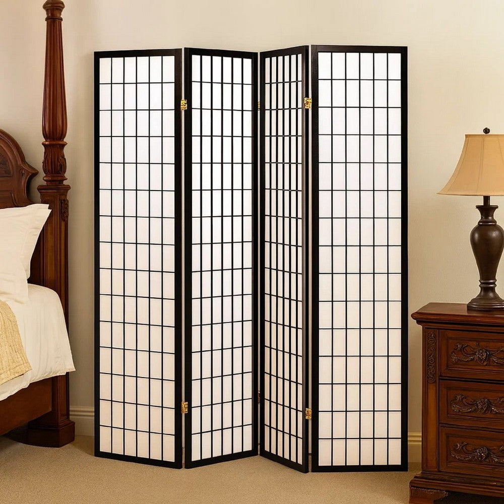 Room Divider | 4 Panel Foldable | Wood Frame | Grid Design | Black