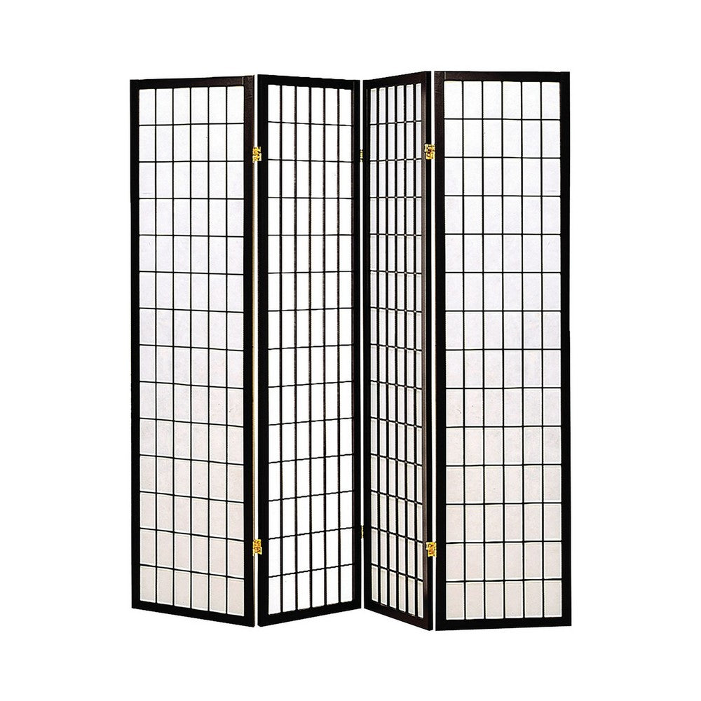 Room Divider | 4 Panel Foldable | Wood Frame | Grid Design | Black