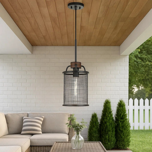 Chandelier | Cylindrical Grid Design | Metal | Wood Accent | Black