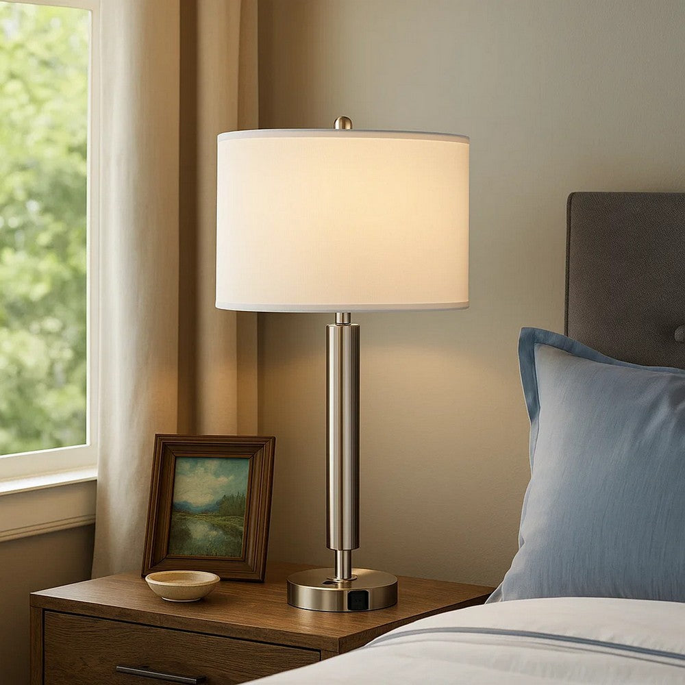 Table Lamp | Metal | Fabric Drum Shade | White & Silver