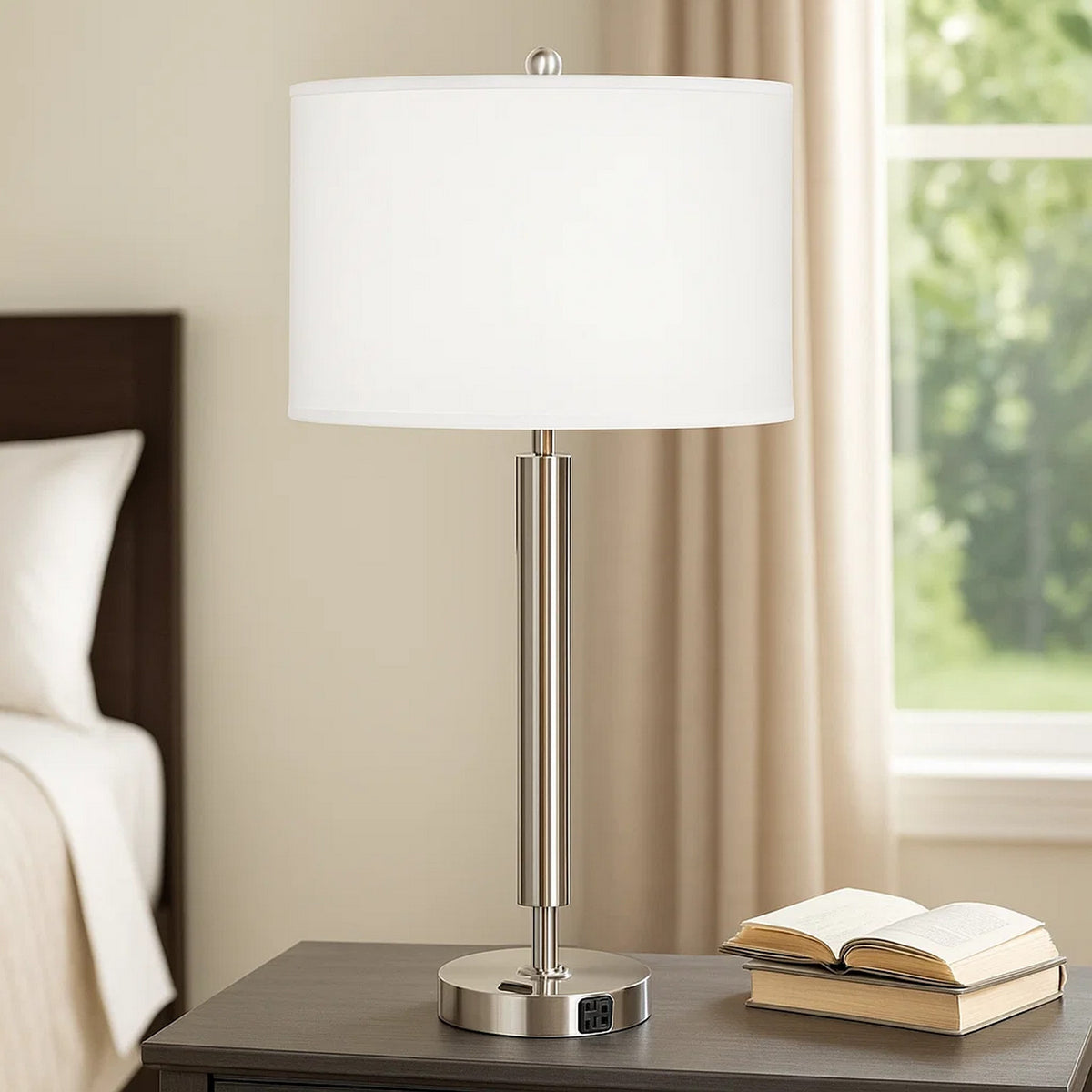 Table Lamp | Metal | Fabric Drum Shade | White & Silver