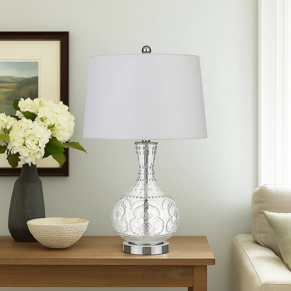 Table Lamp | Textured Glass Base | 150 Watt | White & Clear