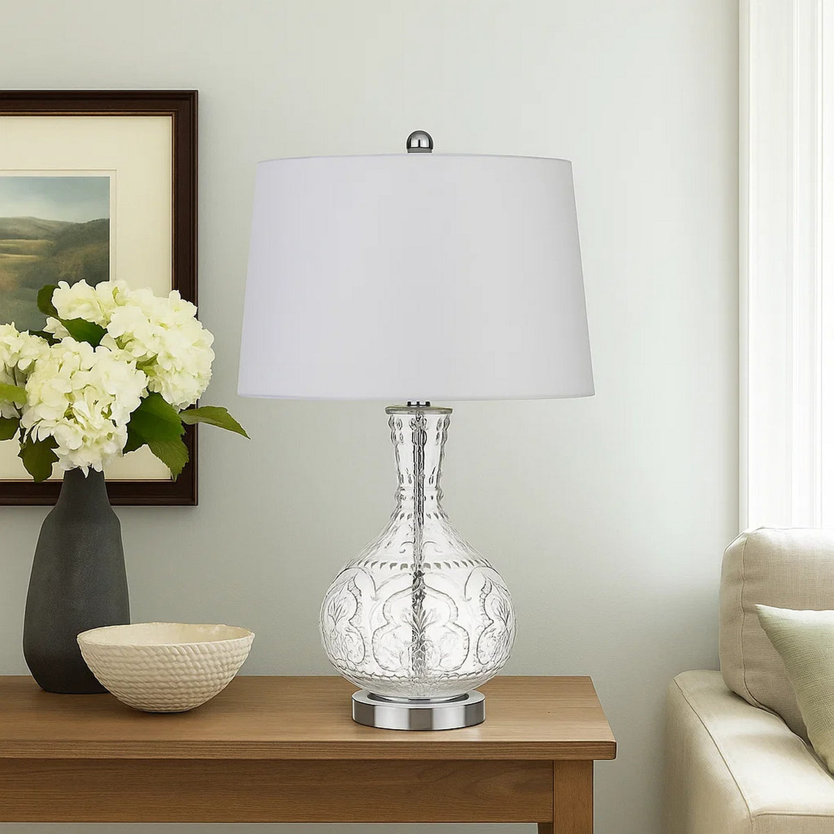 Table Lamp | Textured Glass Base | 150 Watt | White & Clear