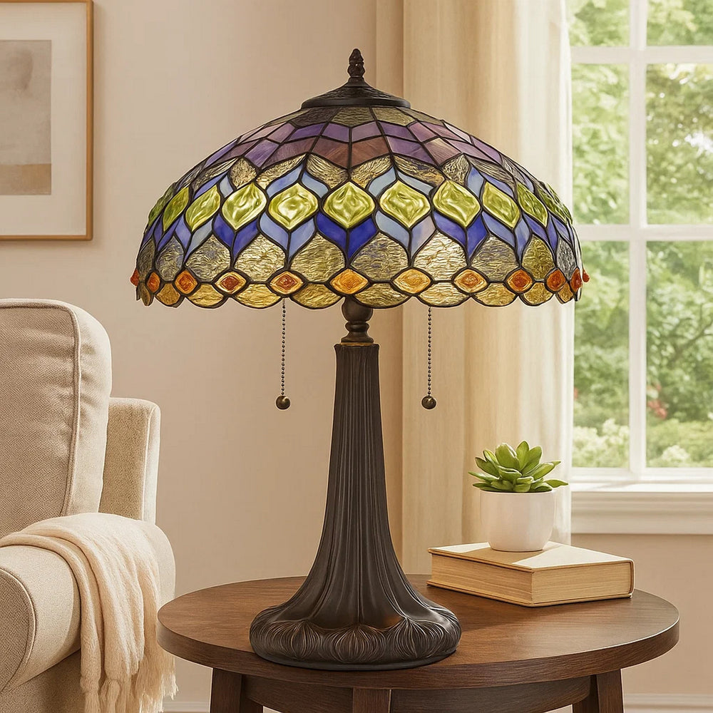 Table Lamp | Tiffany Shade | Engraved Base | 120 Watt | Multicolor
