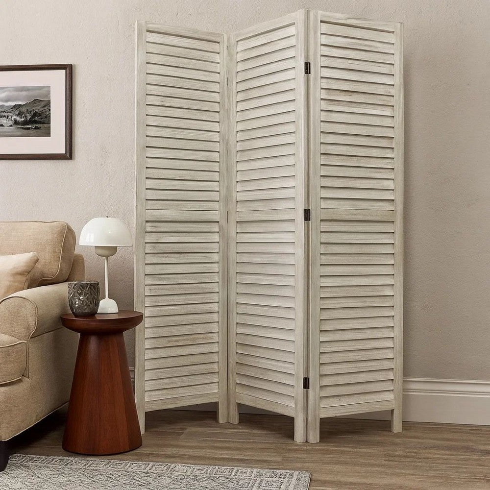 67 Inch 3 Panel Shutter Screen with Fitted Slats, Weathered White