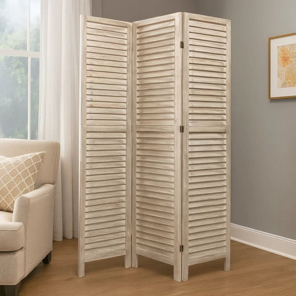 67 Inch 3 Panel Shutter Screen with Fitted Slats, Weathered White