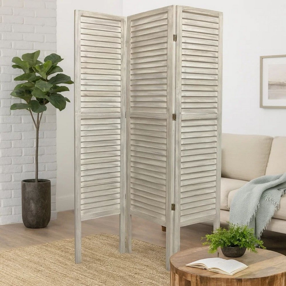 67 Inch 3 Panel Shutter Screen with Fitted Slats, Weathered White