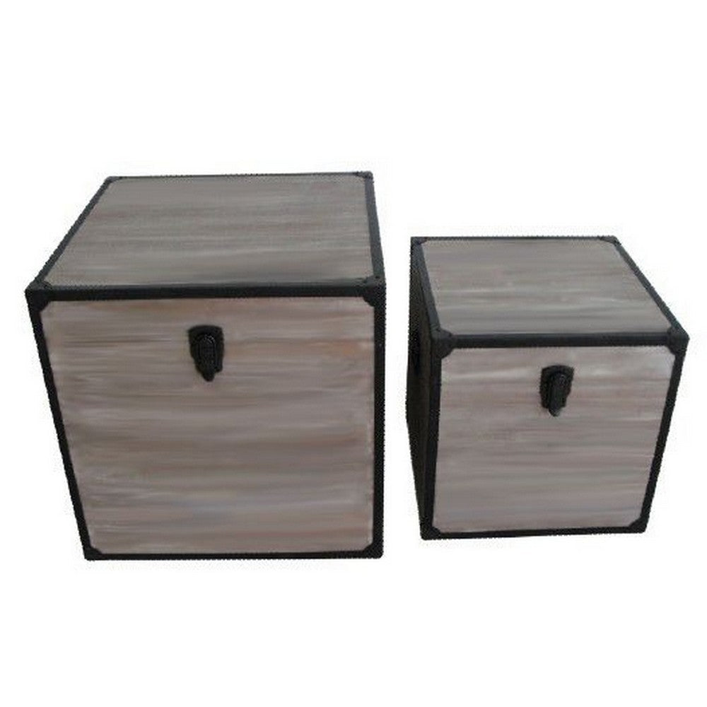 Distressed Wood Square Trunk with Metal Frame Support, Set of 2, Gray