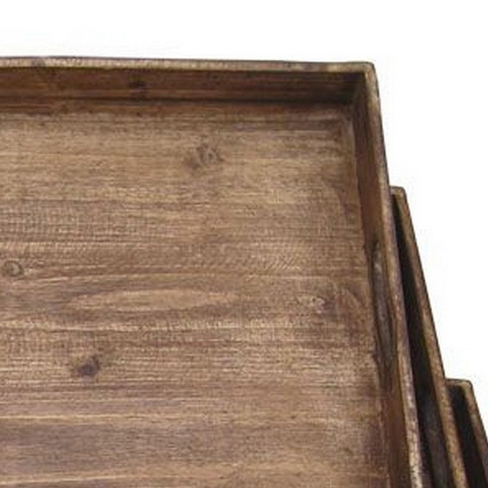 Rough Sawn Textured Rectangular Wooden Ruler Tray, Set of 3, Brown