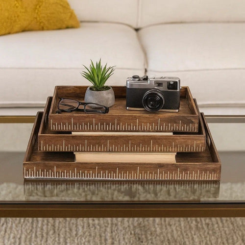Rough Sawn Textured Rectangular Wooden Ruler Tray, Set of 3, Brown