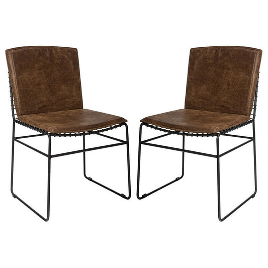 Grid Metal Leatherette Side Chairs with Sled Base, Set of 2, Brown and Black By Casagear Home