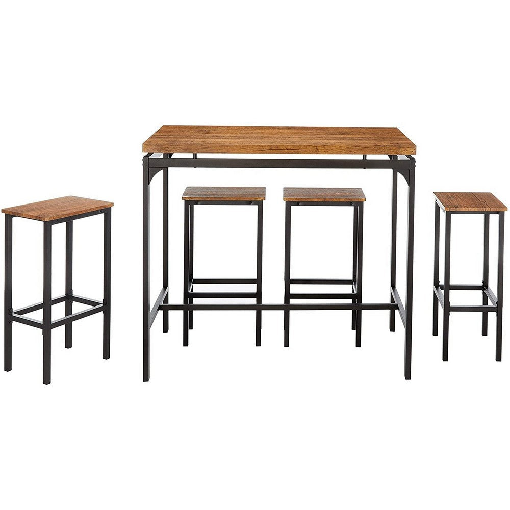 5 Piece Bar Table Set with Stools | Wood | Metal Legs | Brown & Black