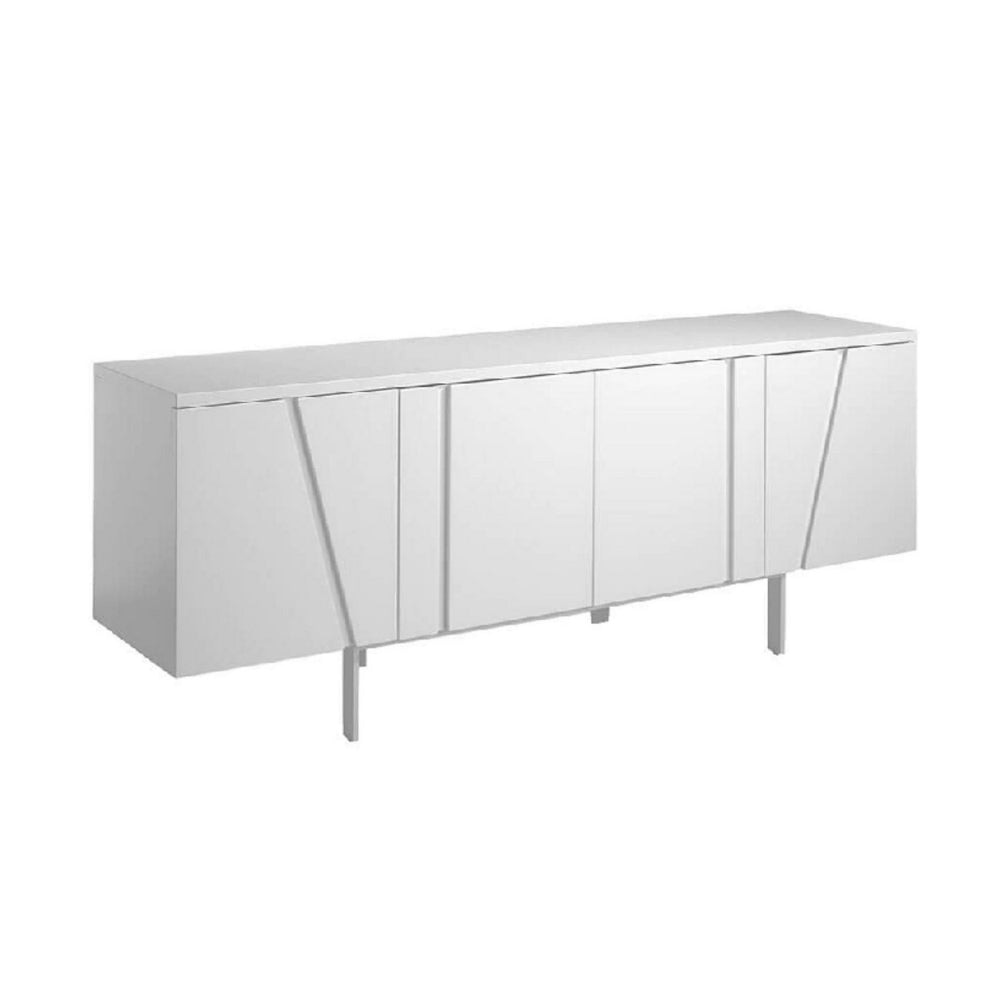 75 Inch 4 Doors Modern Buffet Server, Geometric Front, Metal Legs, White By Casagear Home