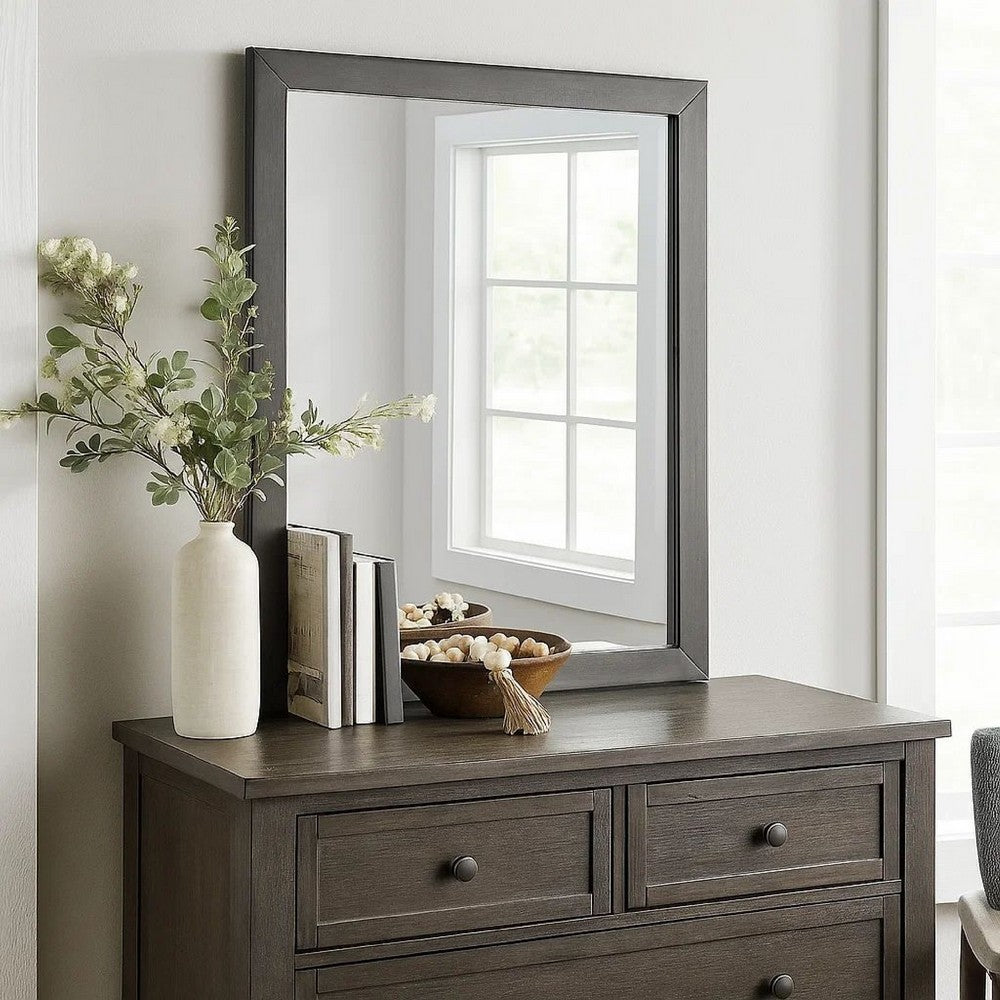 32 Inch Transitional Style Wooden Frame Mirror, Gray