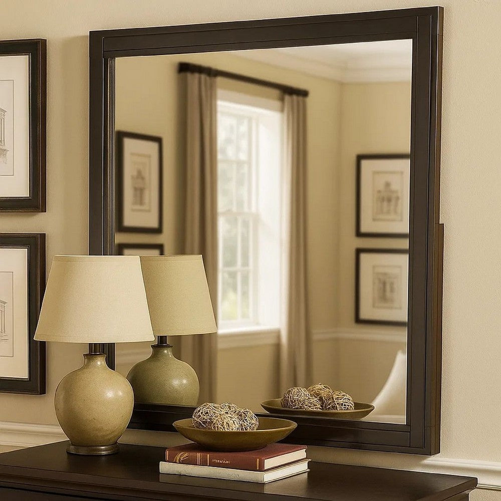 38 Transitional Style Square Wooden Frame Mirror, Espresso