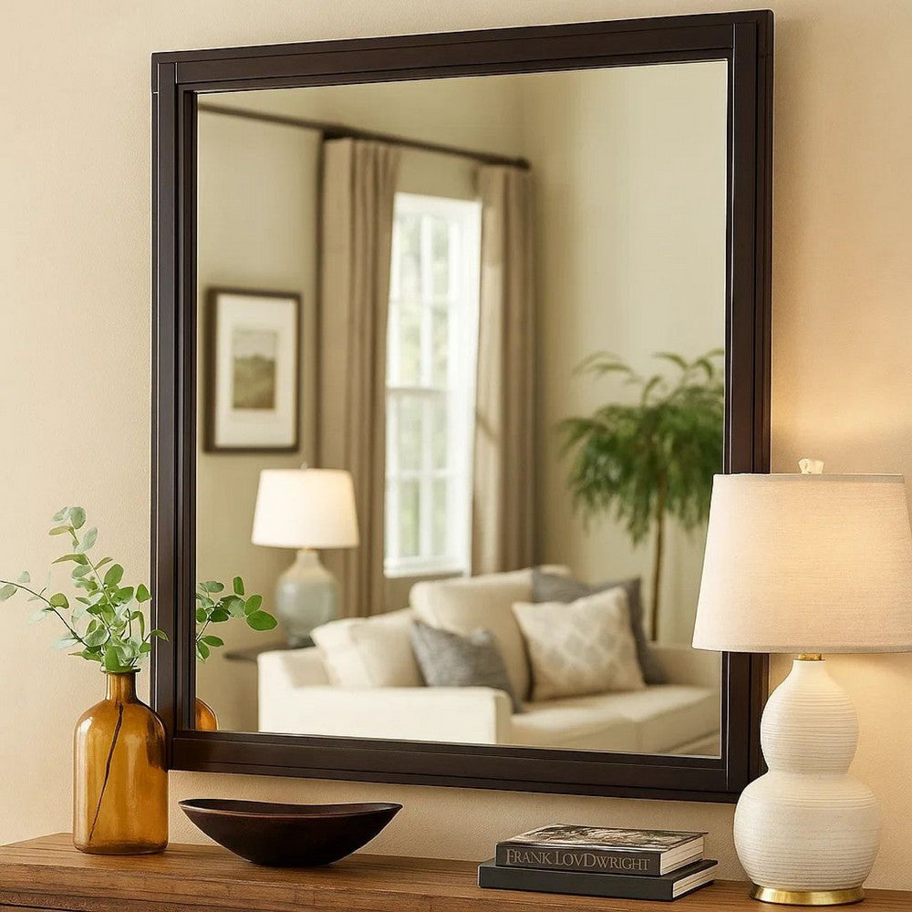 38 Transitional Style Square Wooden Frame Mirror, Espresso