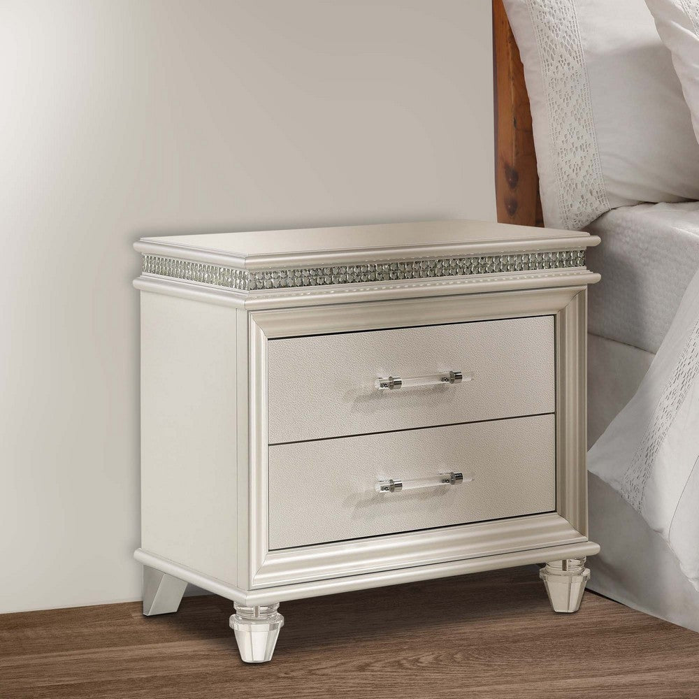 Nightstand | 2 Drawers | Acrylic Feet | Crystal Accents | Silver