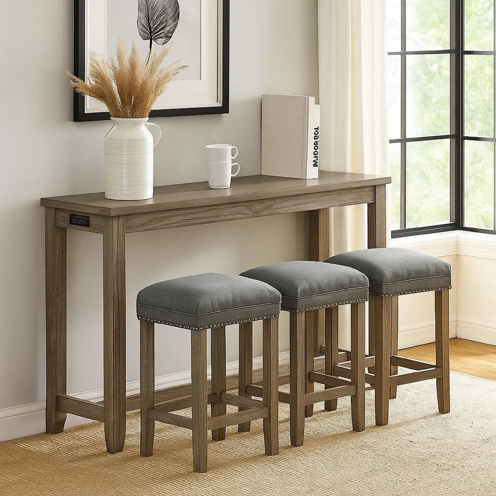 4 Piece Wooden Counter Height Table with Fabric Padded Stool, Brown