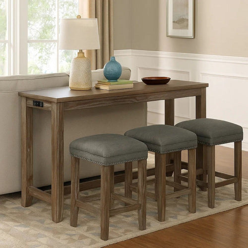 4 Piece Wooden Counter Height Table with Fabric Padded Stool, Brown