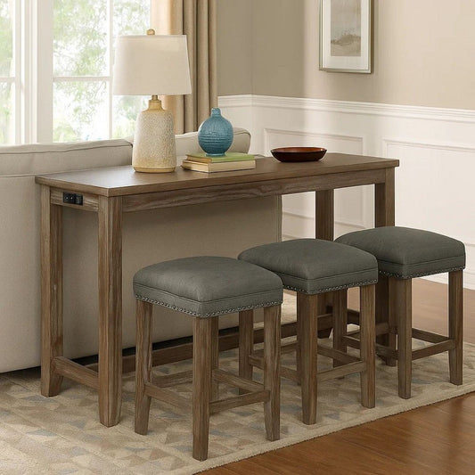 4 Piece Wooden Counter Height Table with Fabric Padded Stool, Brown