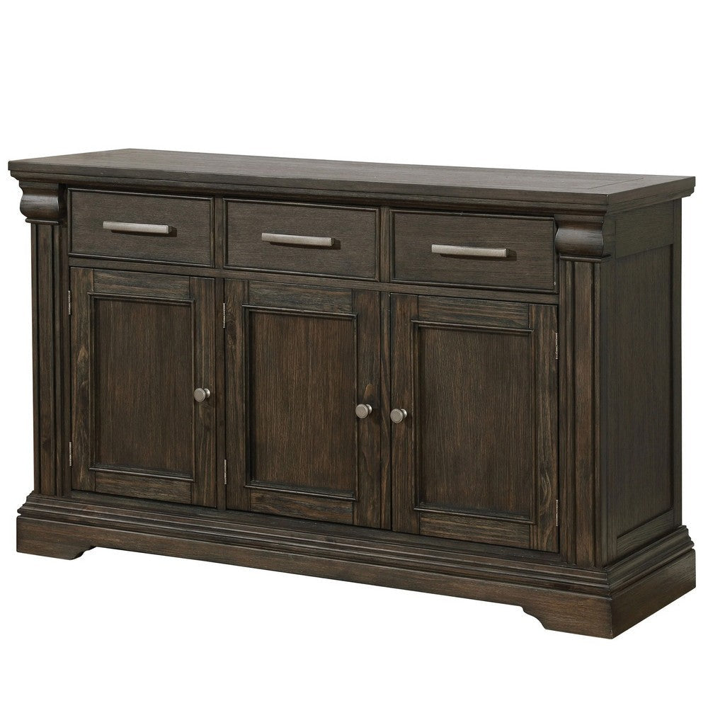 60 Inches 3 Drawer Wooden Server with 3 Doors, Brown By Casagear Home